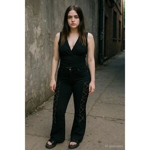 Platinum Plush Womens Low Rise Pants Size L Black Rhinestone Panel Y2K Goth Alt